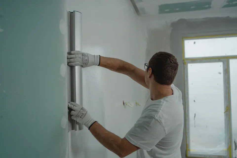 Pose d'une cloison en plaques de plâtre dans une pièce en rénovation